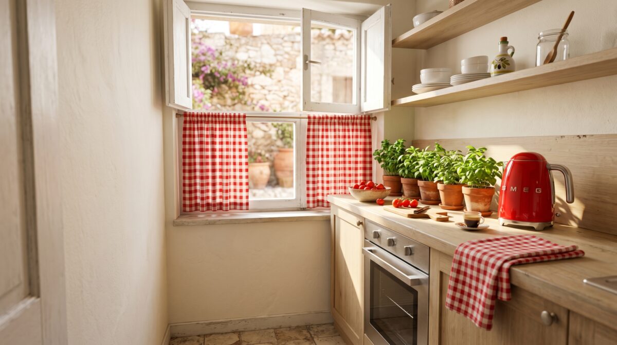 Small rental kitchen styled in the Tomato Girl aesthetic with red gingham cafe curtains, a cherry-red kettle, and terracotta basil pots on the windowsill