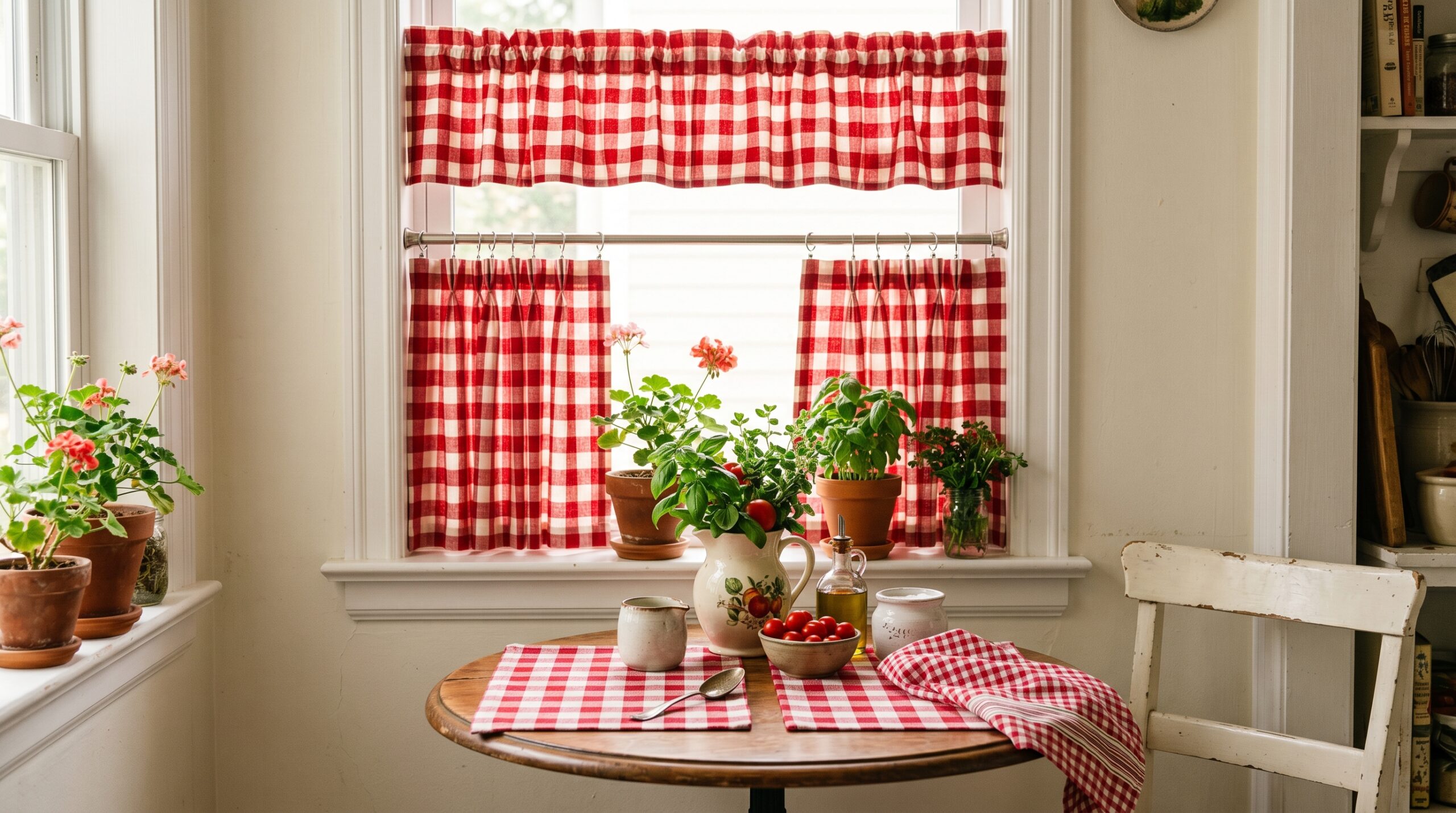 Red and white gingham cafe curtains on a no-drill tension rod above a small kitchen table with matching gingham placemats