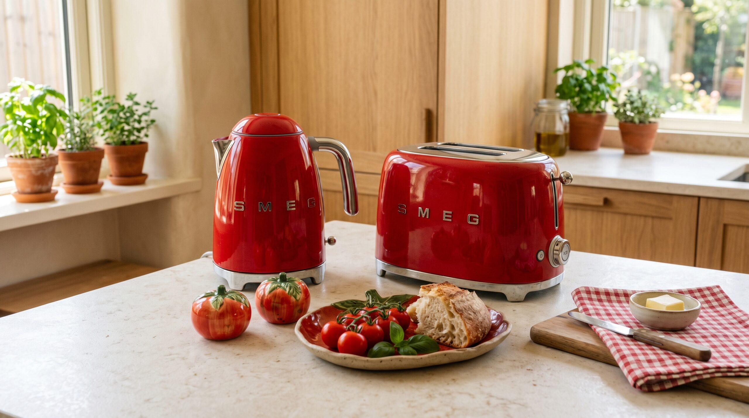 Cherry-red retro kettle and toaster on a small kitchen counter with ceramic tomato salt and pepper shakers and a tomato-shaped serving dish