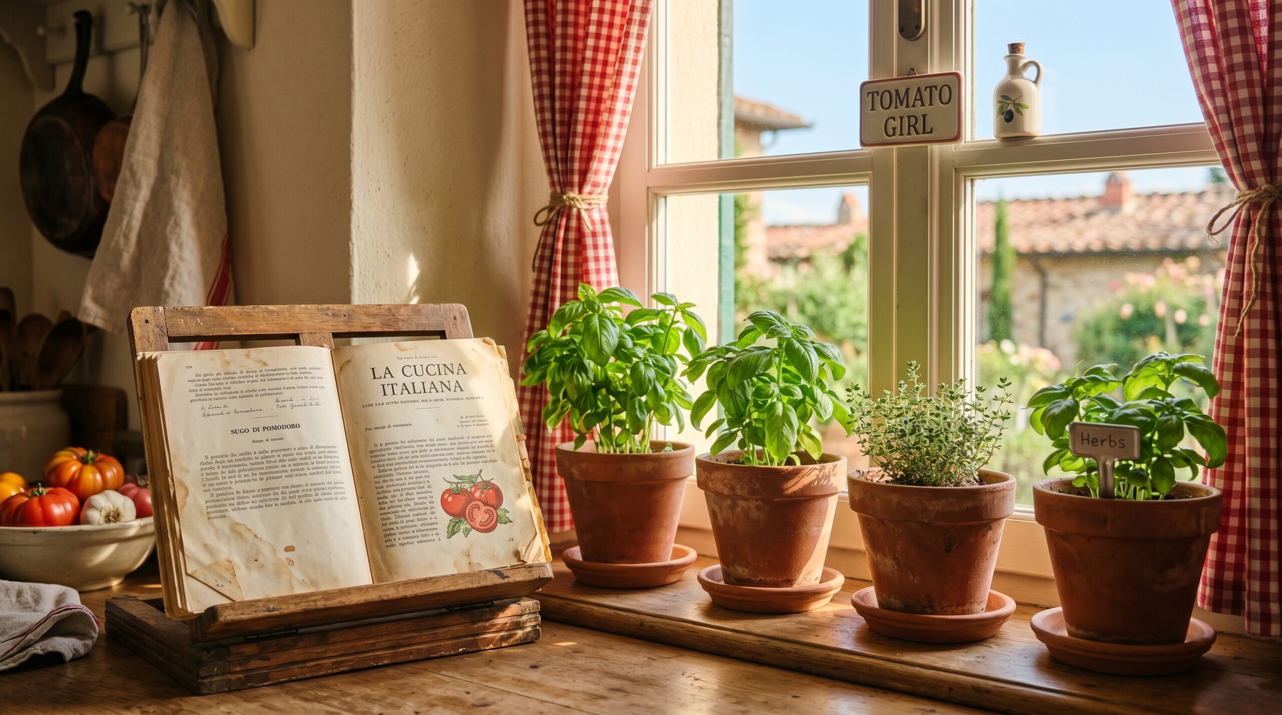 Terracotta pots of basil on a sunny windowsill beside a vintage Italian cookbook propped open on a wood stand