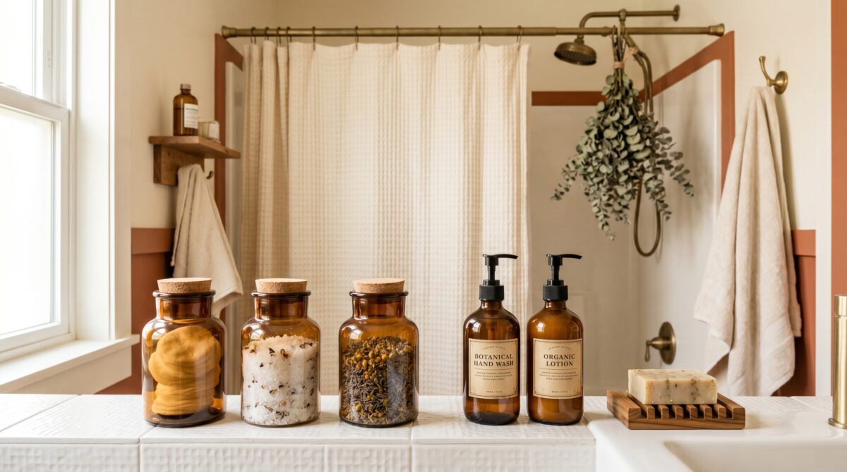 Small rental bathroom styled in warm apothecary aesthetic with amber glass jars, teak soap dish, and cream waffle shower curtain