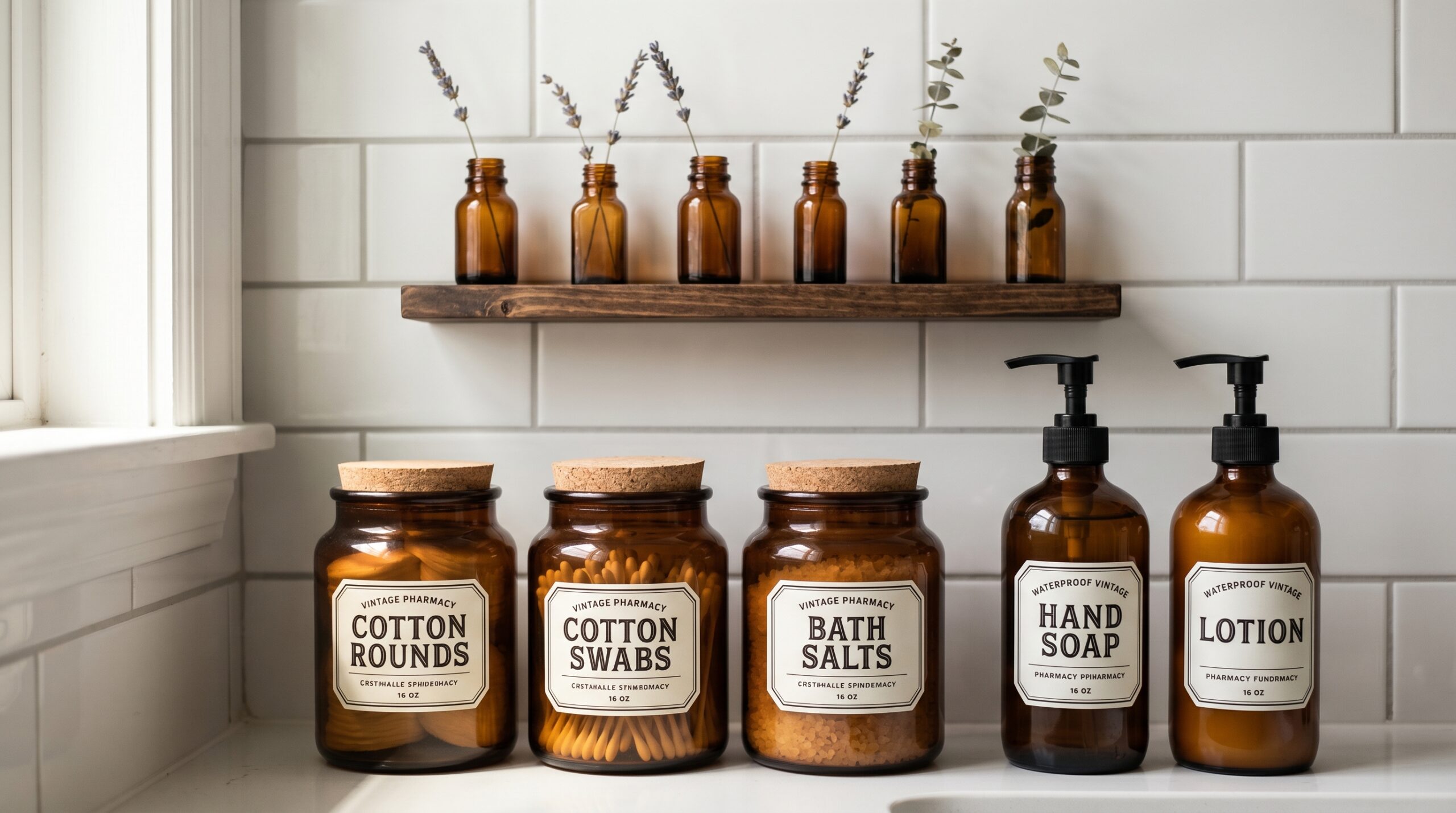 Amber glass apothecary jars with vintage labels and pump bottles on a small bathroom counter with mini medicine bottles on a wood shelf