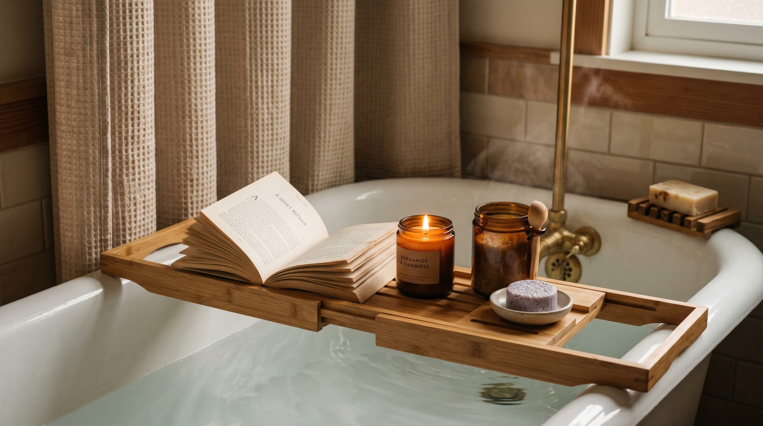 Bamboo bath tray across a rental tub holding a book, candle, and amber jar of bath salts with a beige waffle weave shower curtain