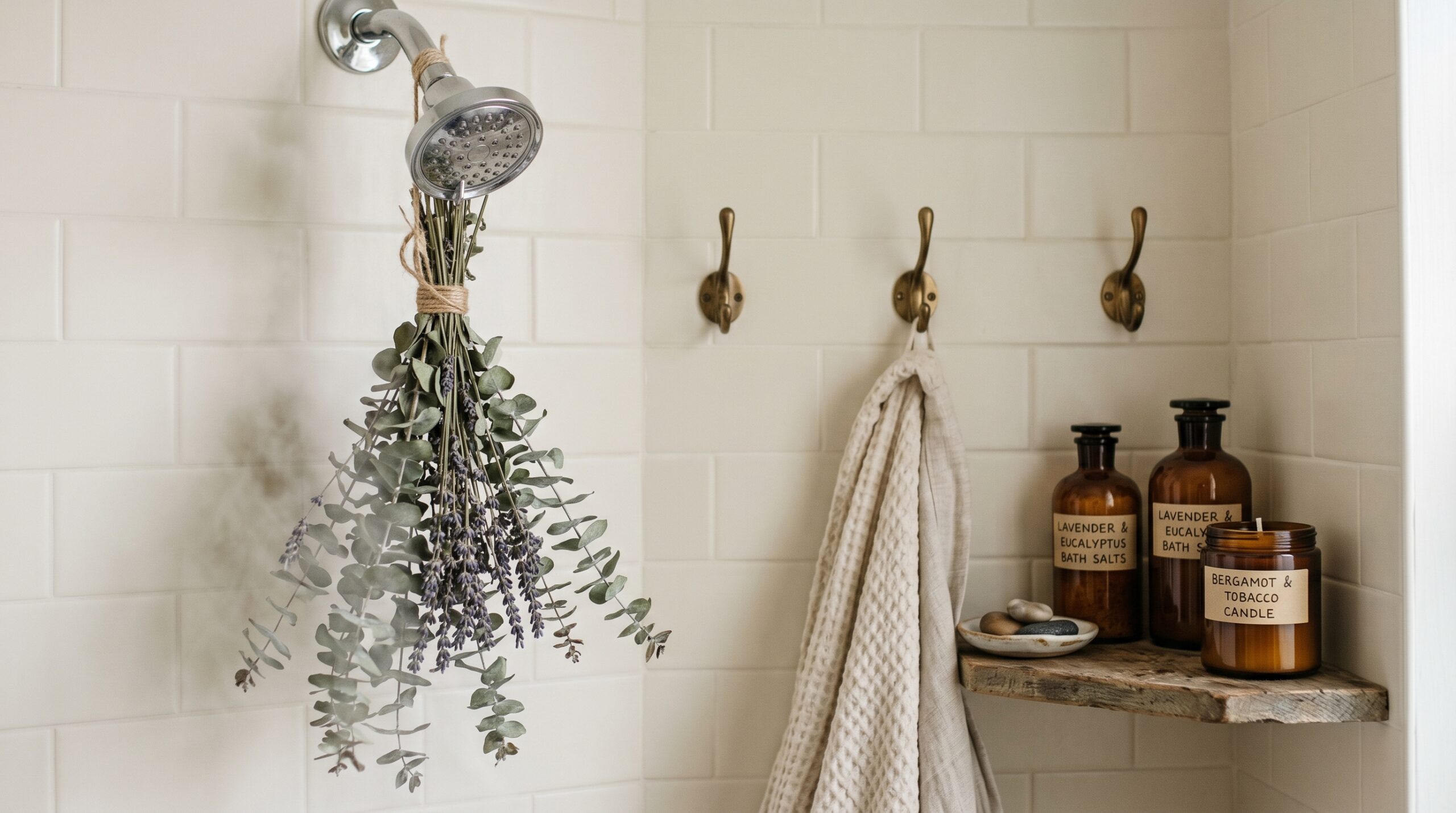 Dried eucalyptus bundle hanging from a showerhead with brass adhesive hooks holding a cream towel and an apothecary candle on a shelf