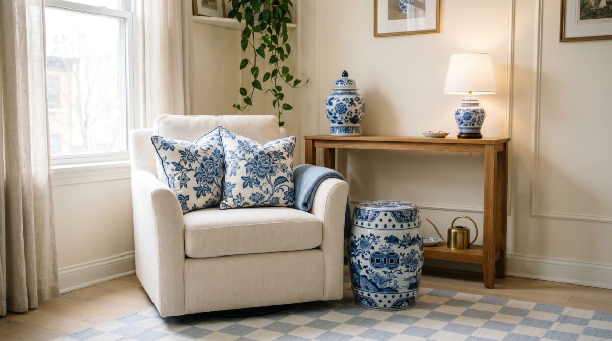 Blue and white decorated small apartment corner with a chinoiserie ceramic garden stool, porcelain ginger jar, table lamp and light blue checkered rug