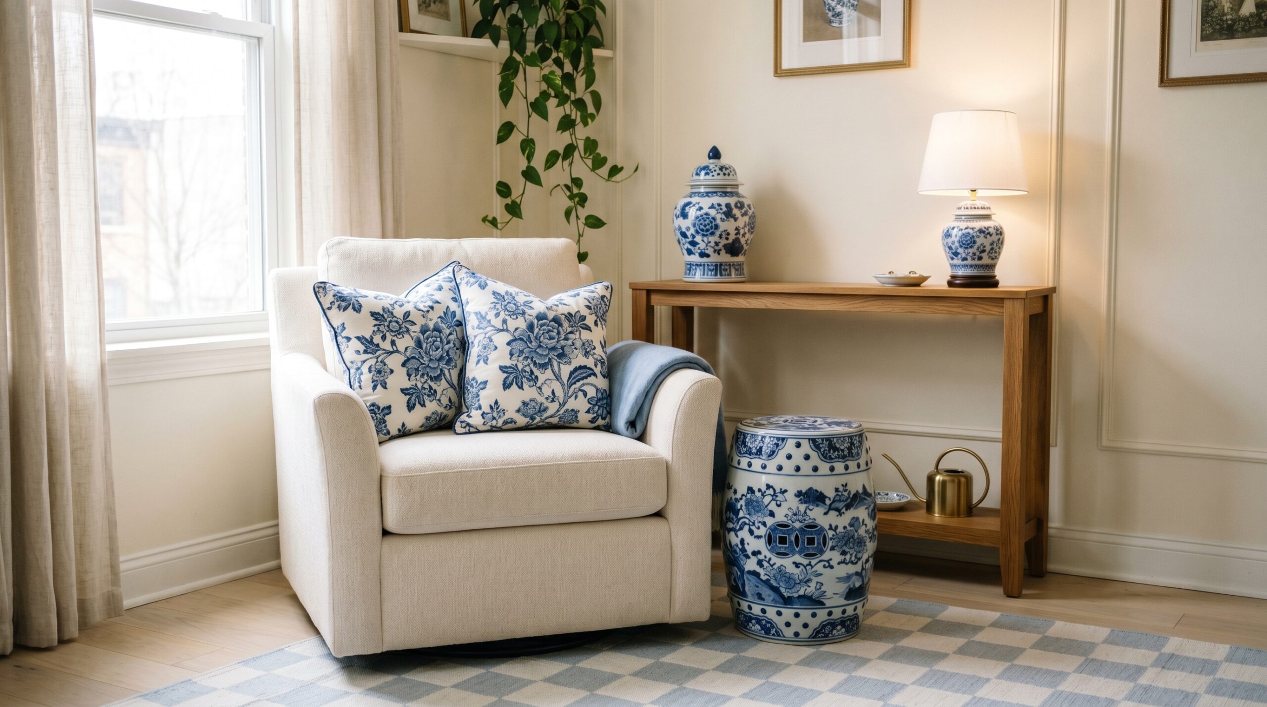 Blue and white decorated small apartment corner with a chinoiserie ceramic garden stool, porcelain ginger jar, table lamp and light blue checkered rug