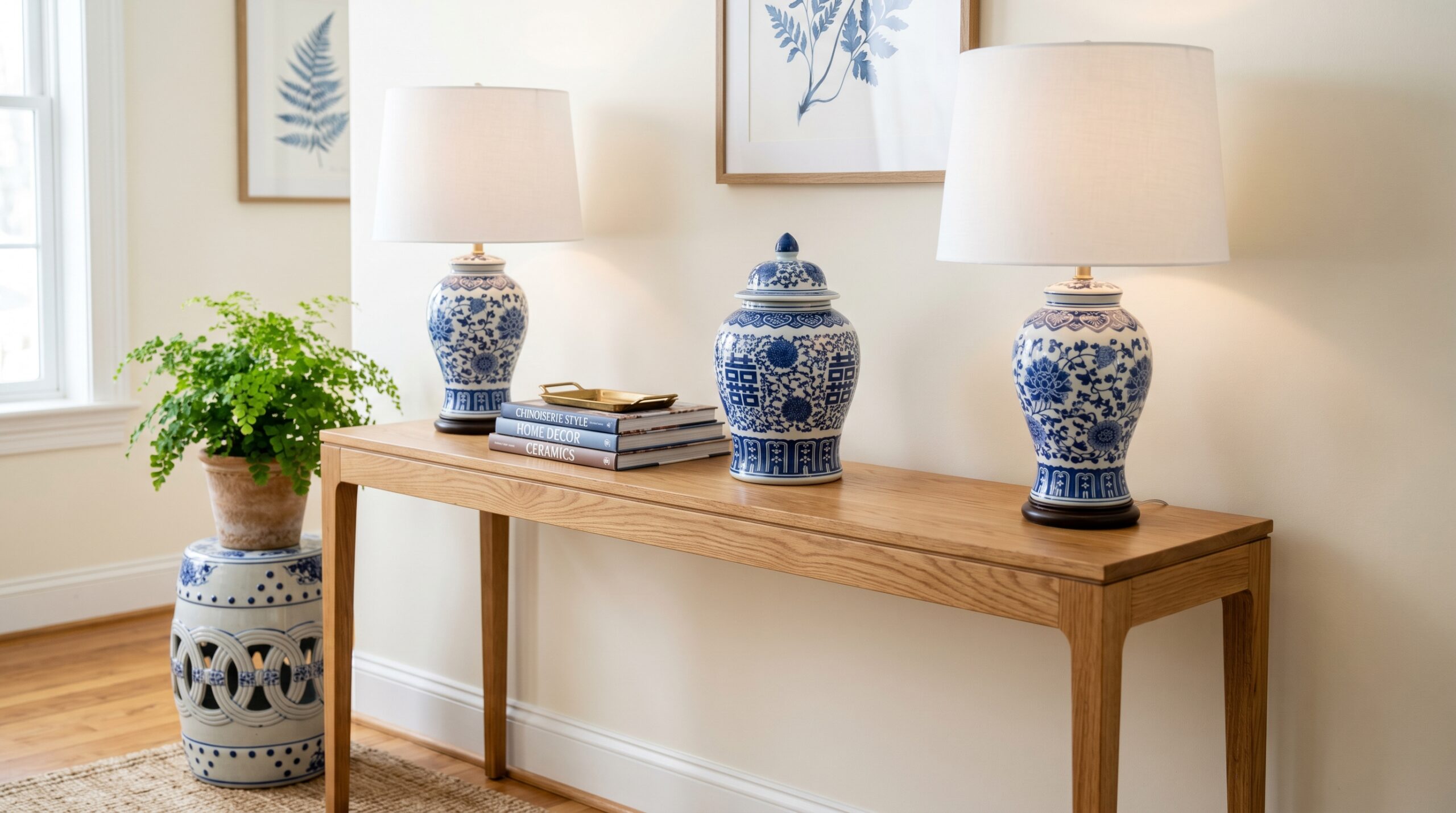 Pair of blue and white porcelain table lamps, a chinoiserie ginger jar, and a ceramic garden stool on a slim wood console