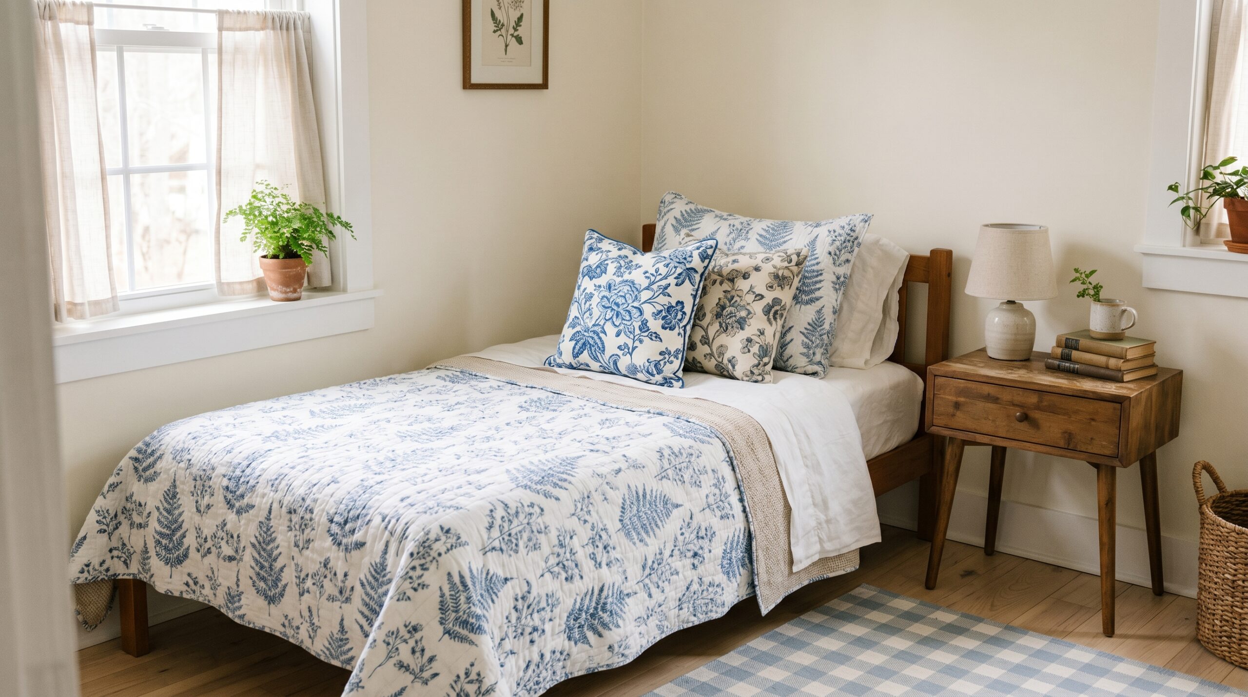 Small bed dressed in a reversible blue and white botanical quilt with chinoiserie throw pillows and a checkered washable rug