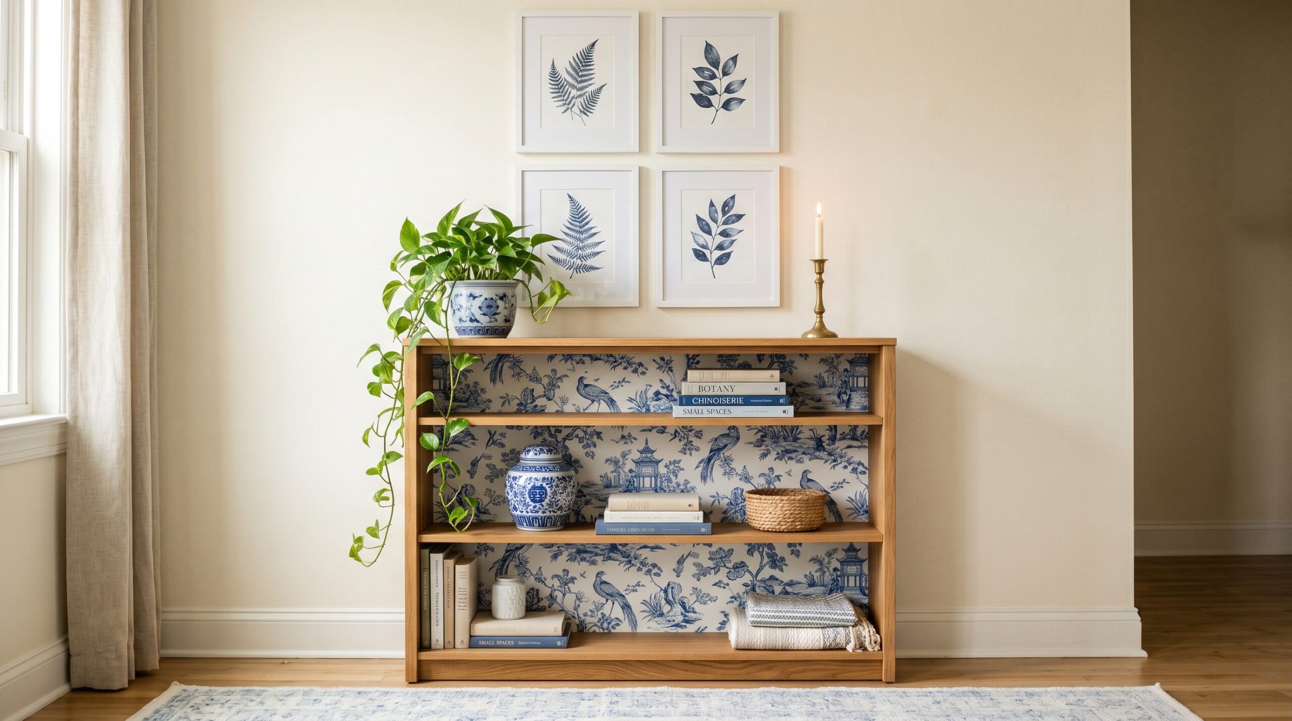 Renter-friendly bookshelf backed with blue and white toile peel-and-stick wallpaper under a four-print navy botanical gallery wall