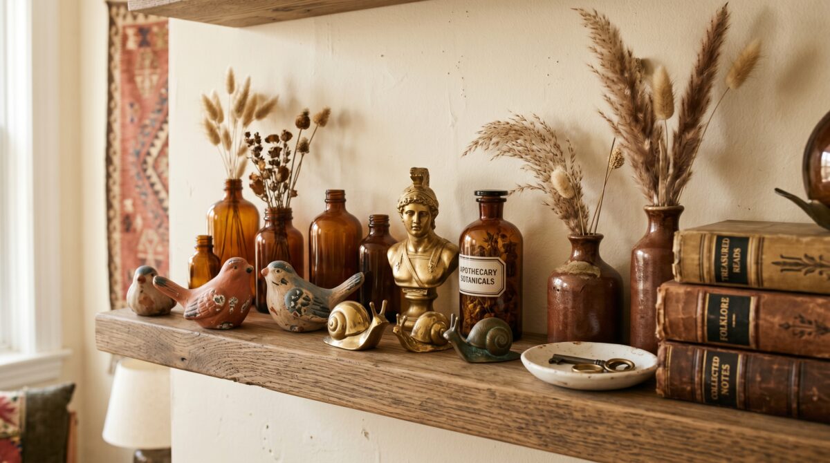 Budget cluttercore shelf in a small apartment with brass animal figurines, amber apothecary bottles, dried pampas, a gold bust and faux books on a wood ledge
