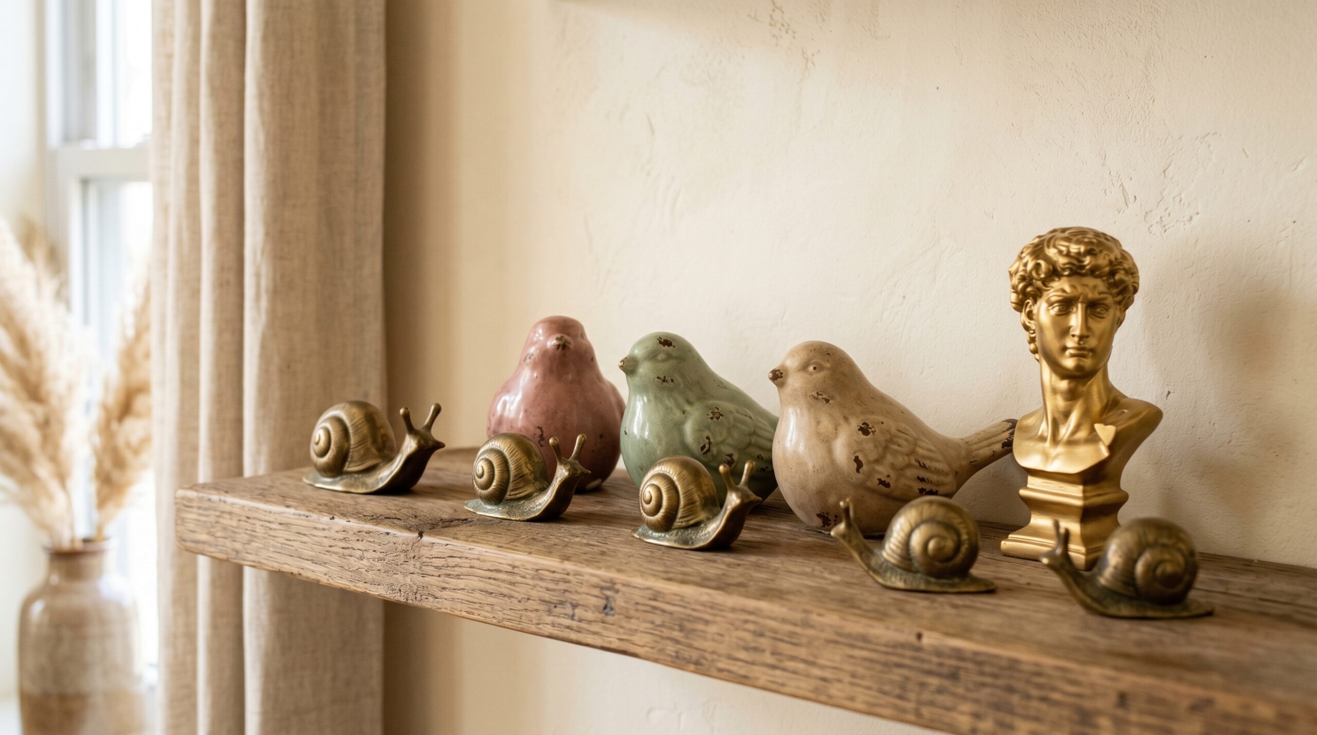 Small shelf collection of brass snail figurines, distressed ceramic birds and a small gold David bust grouped together