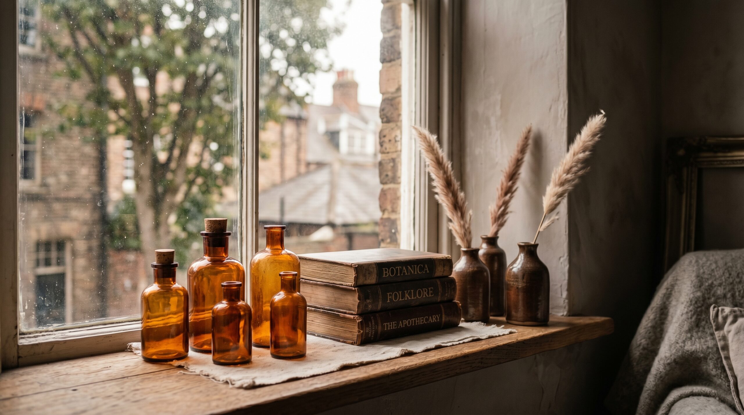 Cluttercore vignette with amber glass apothecary bottles, brown ceramic bud vases holding dried pampas stems, and a faux antique book stack