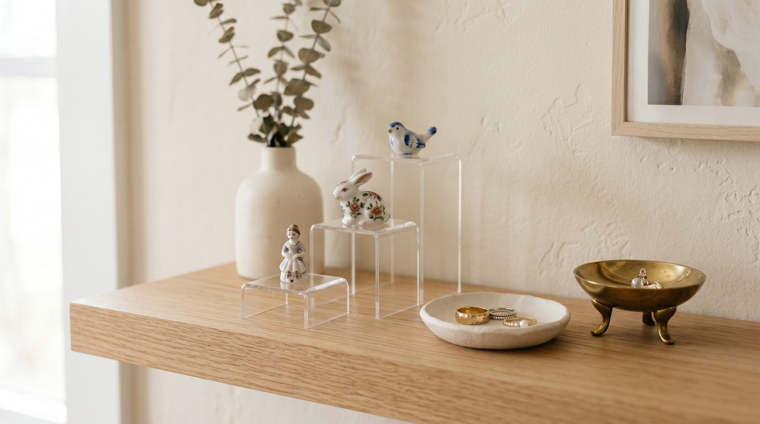 Styling tools for budget cluttercore, clear acrylic risers lifting small figurines, a white ceramic trinket dish and a small brass clawfoot pedestal dish