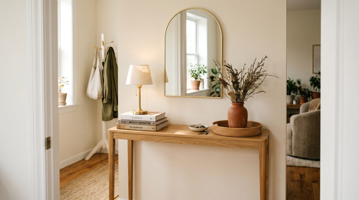 Small apartment entryway with a thin gold arched mirror above a slim wood console table, vintage modern styling