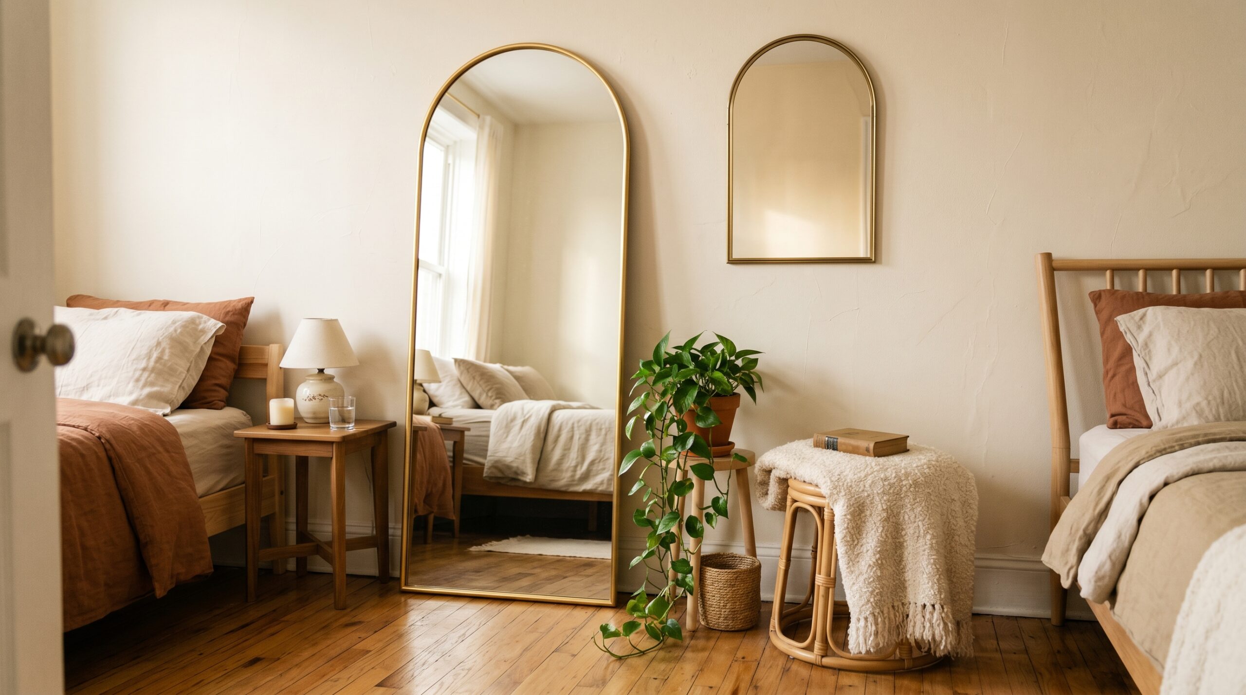 Full-length gold arched leaner mirror and a small arched wall mirror in a cozy small bedroom corner