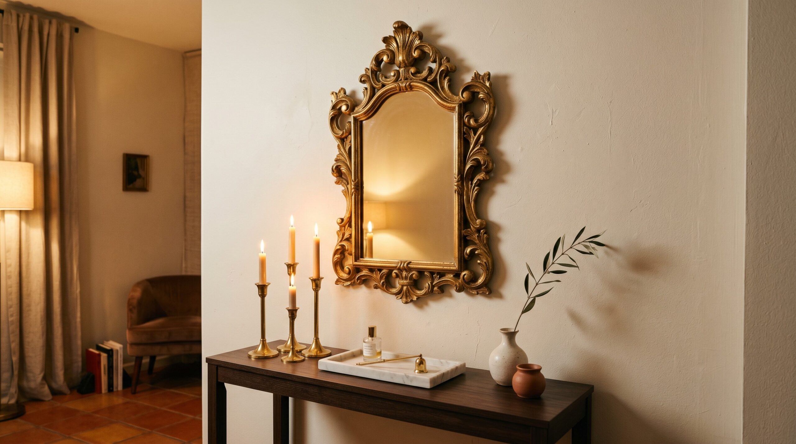 Ornate gilt gold baroque mirror on a small wall above a console with brass candlesticks