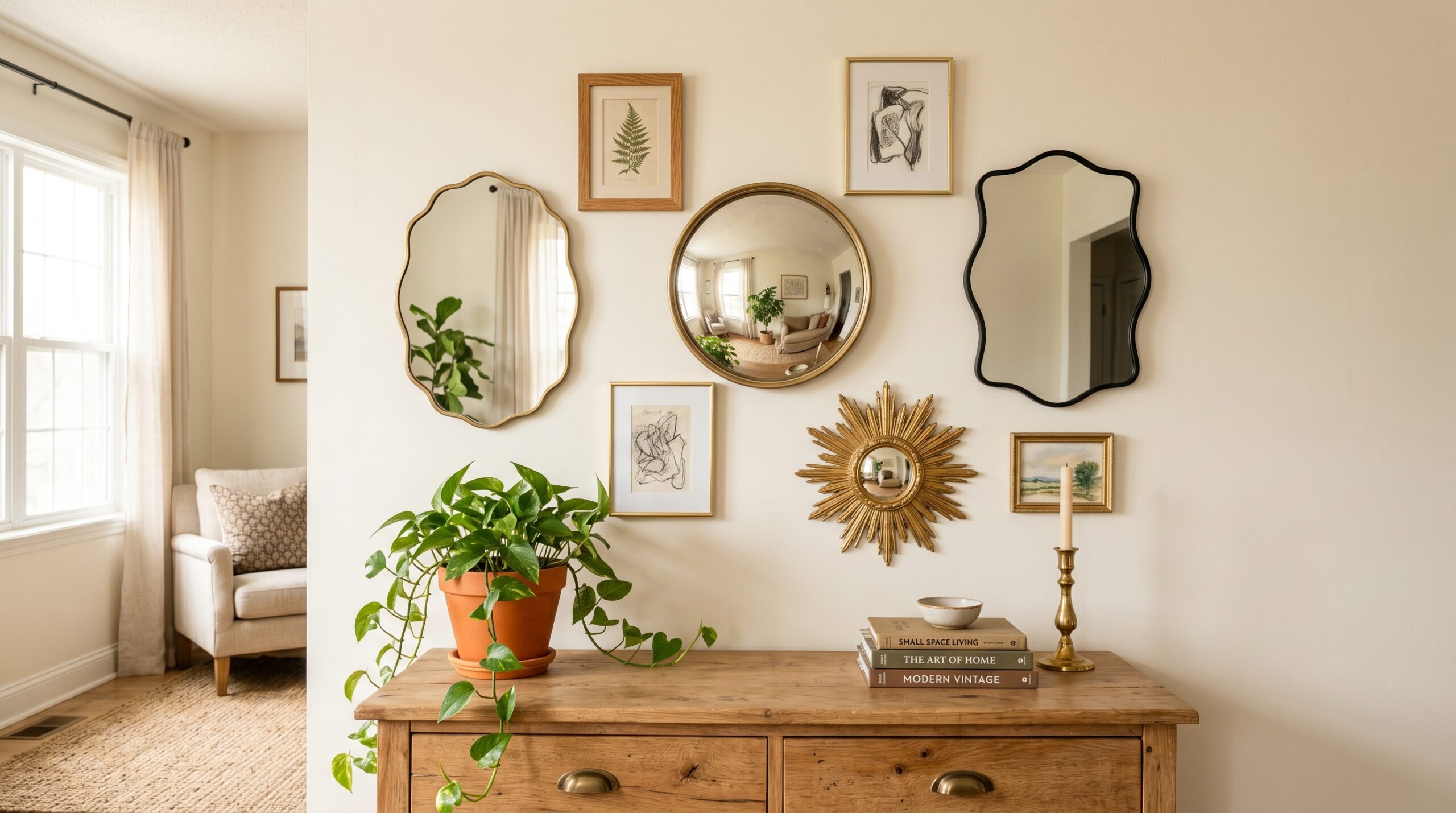 Renter-friendly gallery wall cluster of small mirrors including convex, scalloped and sunburst styles above a small wood sideboard