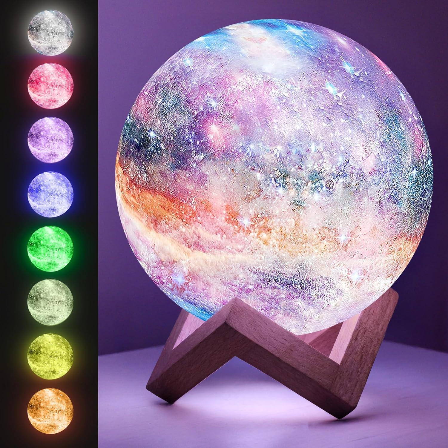Mind-Glowing galaxy moon lamp on a wood stand