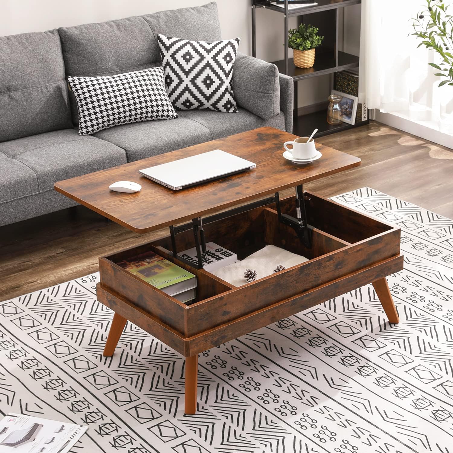 Bidiso industrial rustic brown lift-top storage coffee table