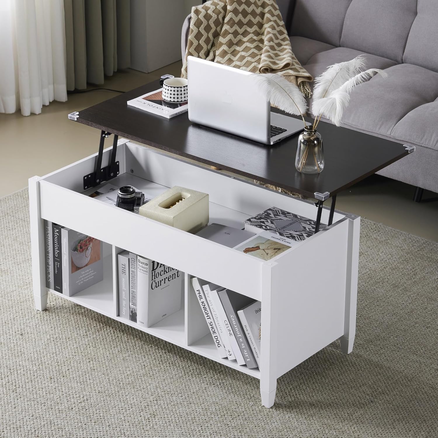 VINGLI white and dark brown lift-top coffee table with three open shelves