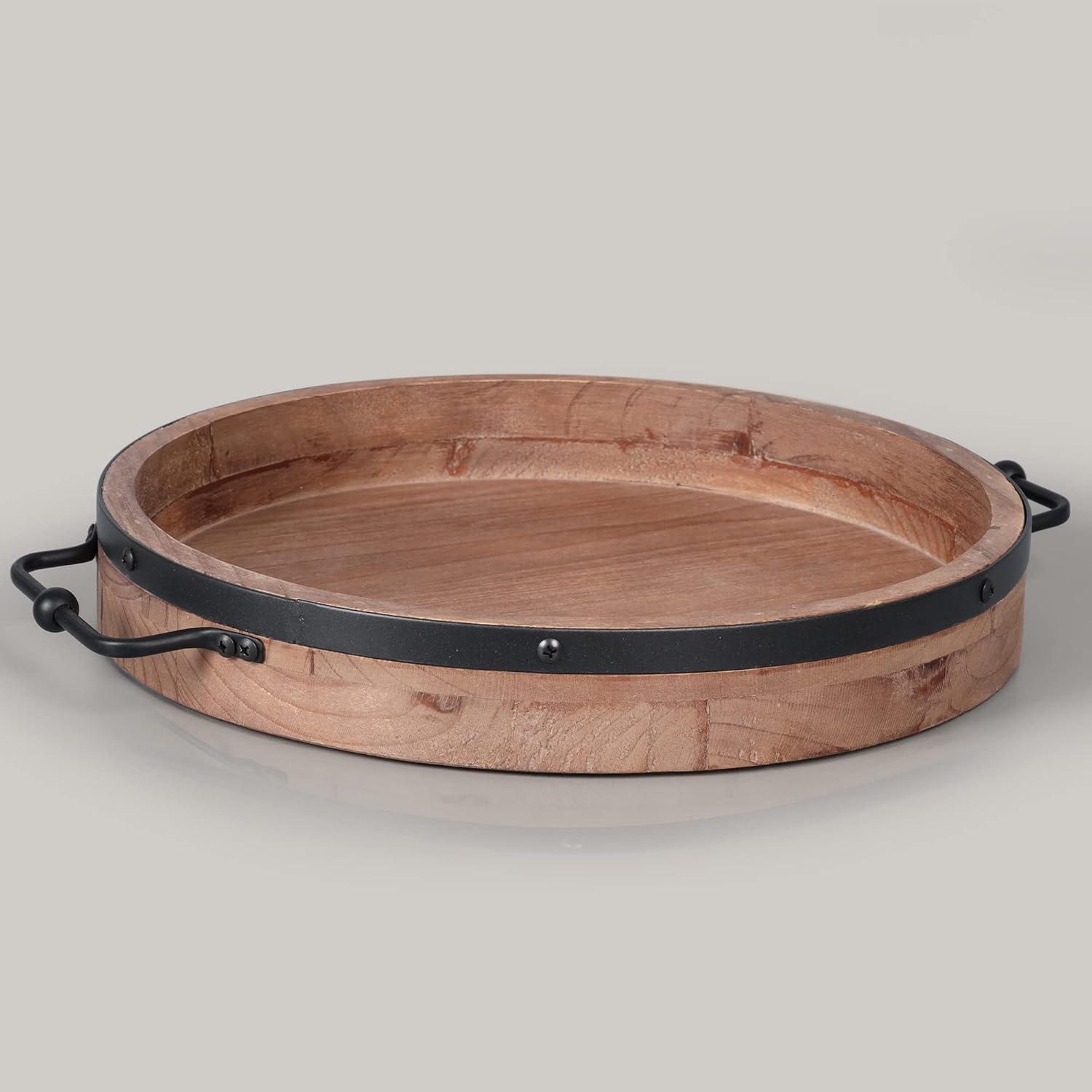 Round Farmhouse Wood Tray with Metal Handles