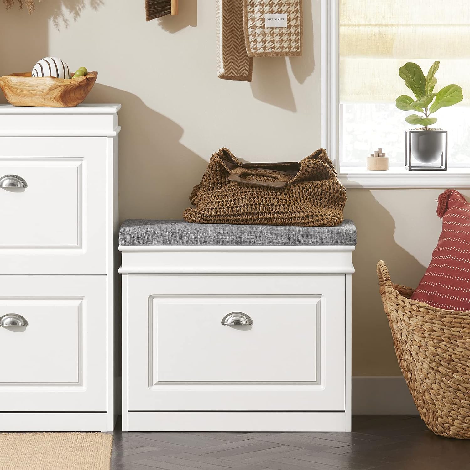 Haotian slim flip-drawer shoe storage bench with linen cushion