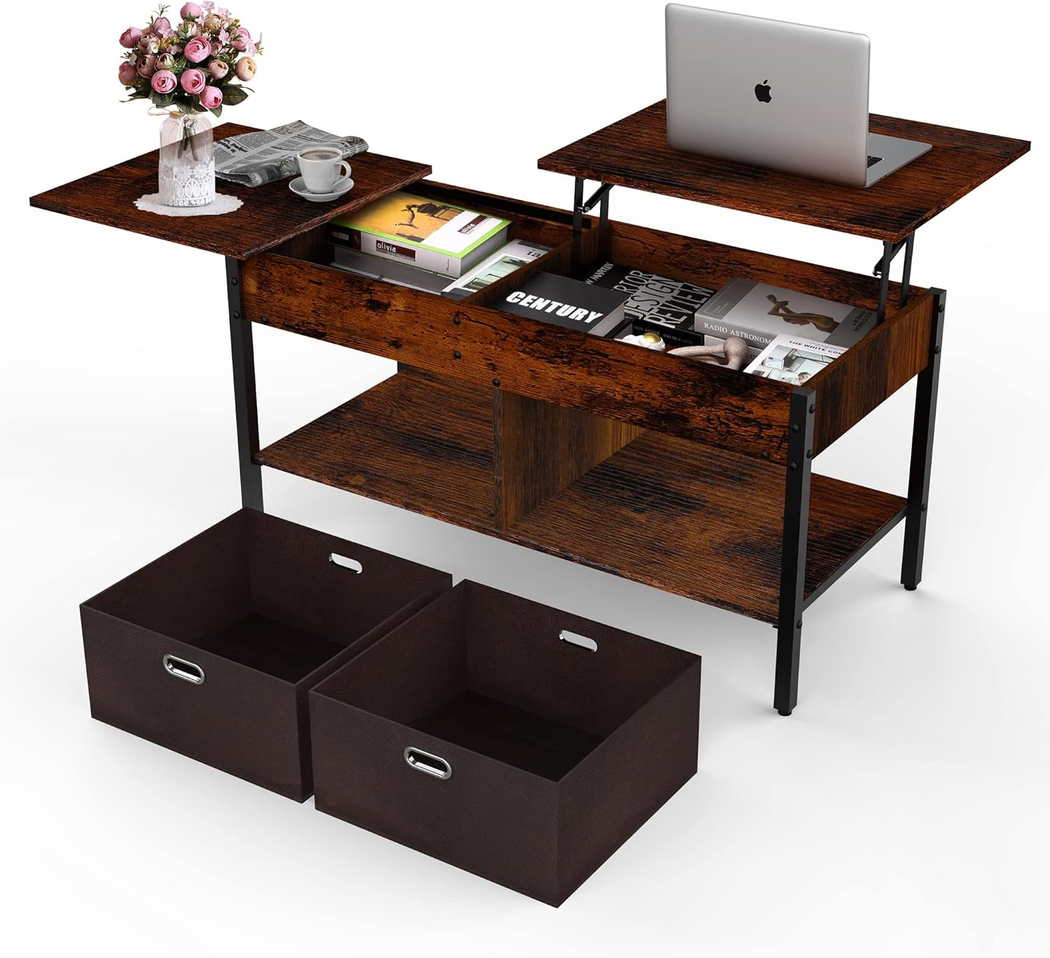 ORGXpert rustic lift-top coffee table with side drawer and two canvas baskets