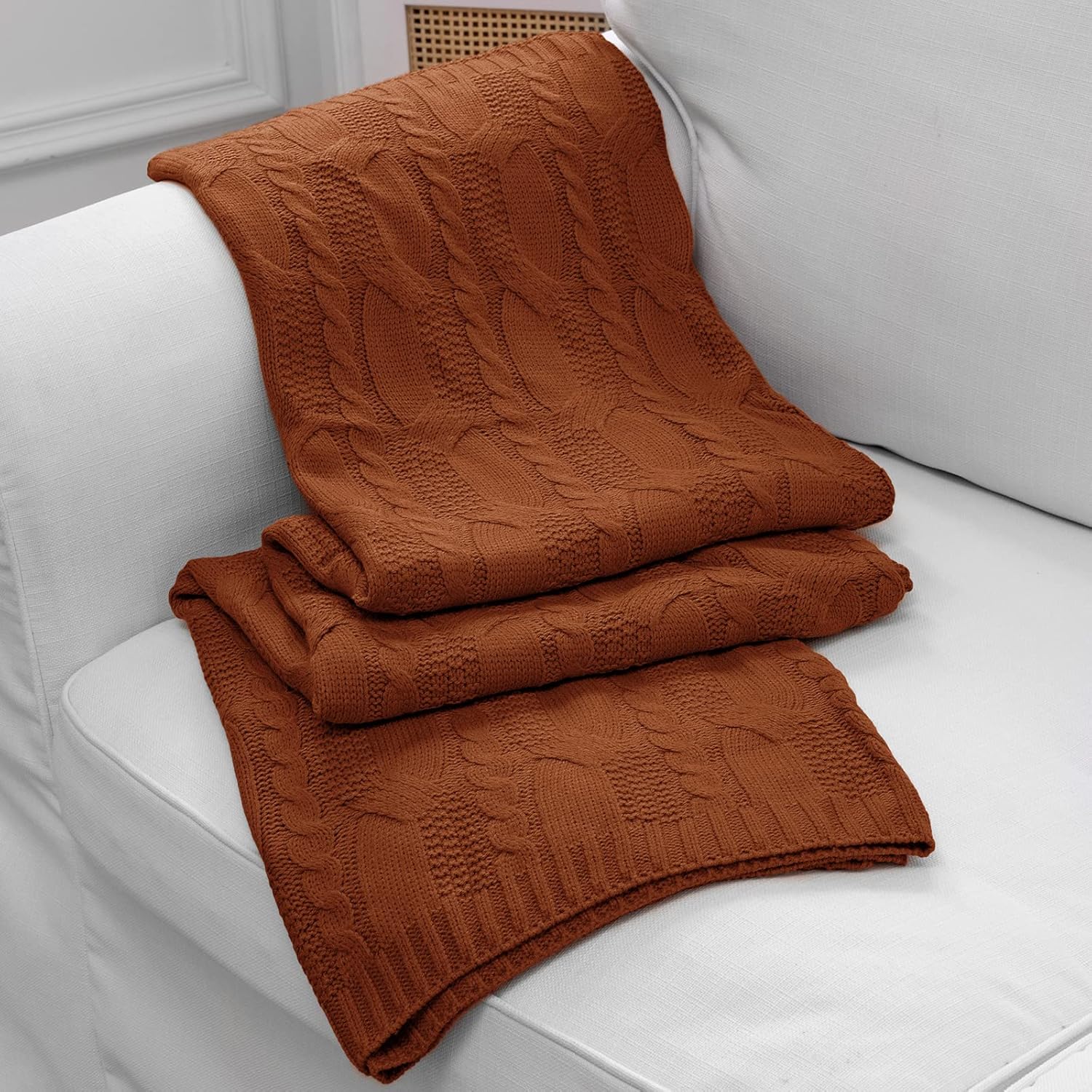 Aormenzy Oversized Cable-Knit Throw, Dark Terracotta
