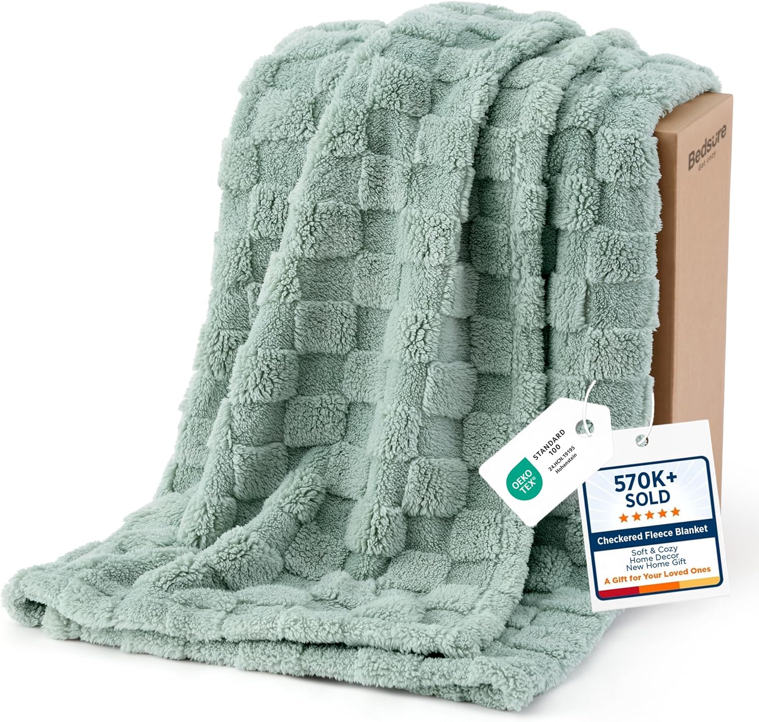 Bedsure sage green checkered fleece throw blanket