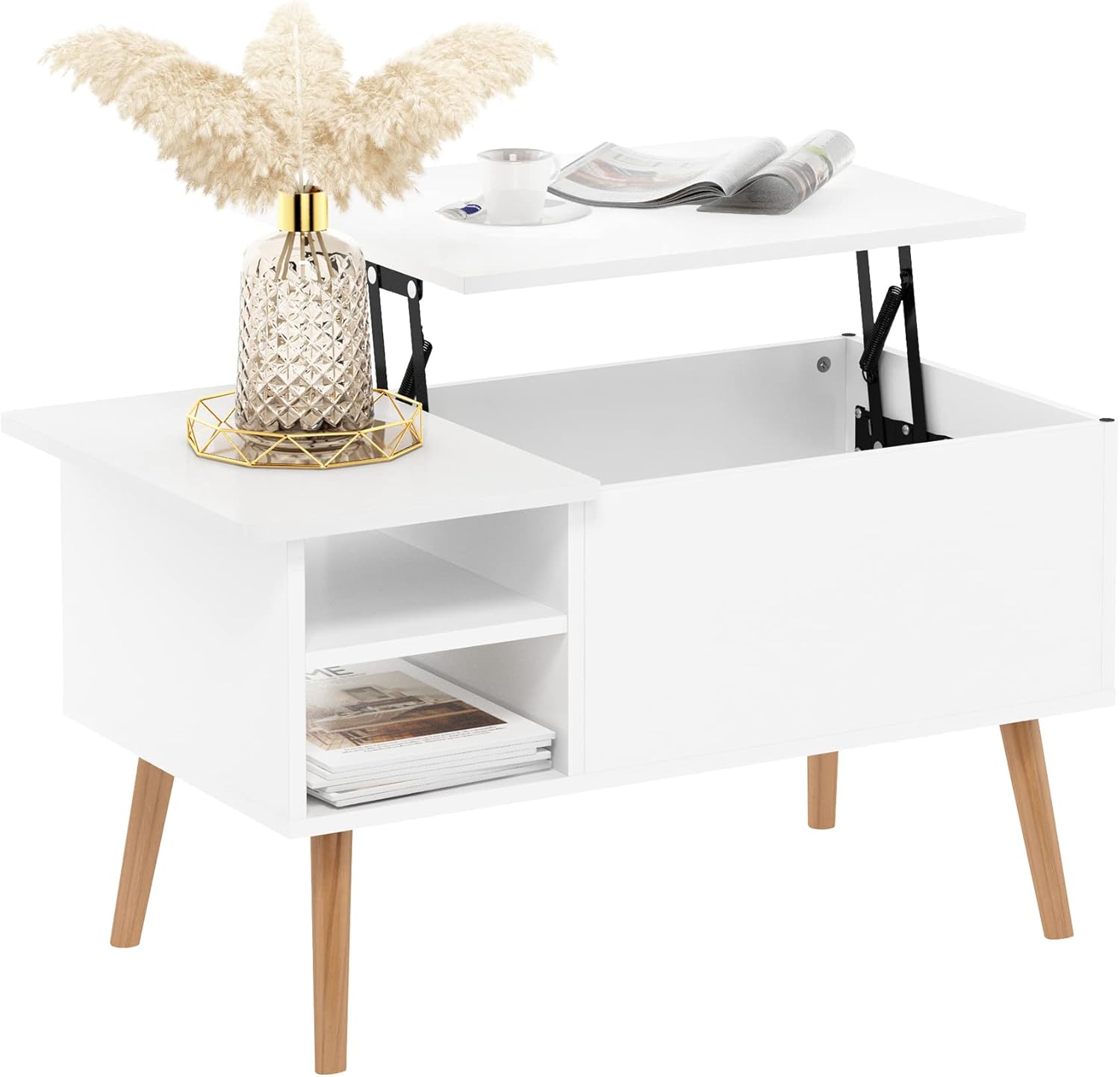Furinno Jensen solid white lift-top coffee table with side open storage shelves
