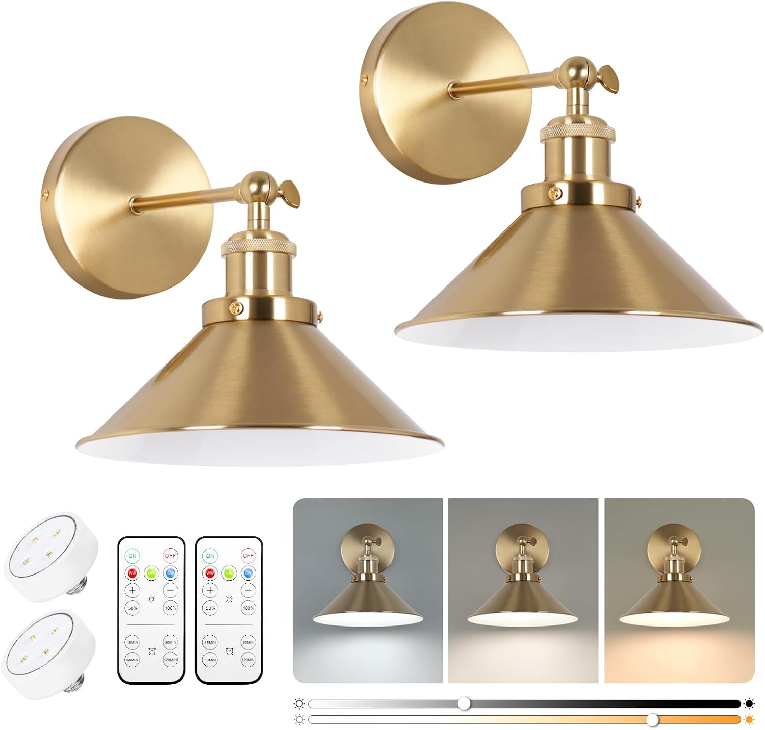 KELUOLY Brushed-Brass Battery Sconces (Set of 2)