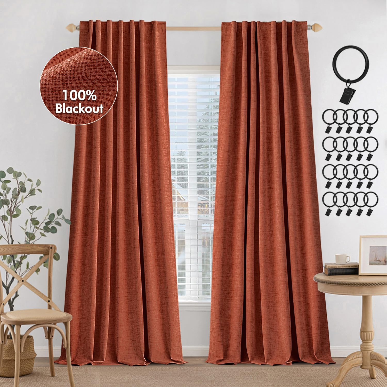 MIULEE terracotta 100% blackout linen-look curtains