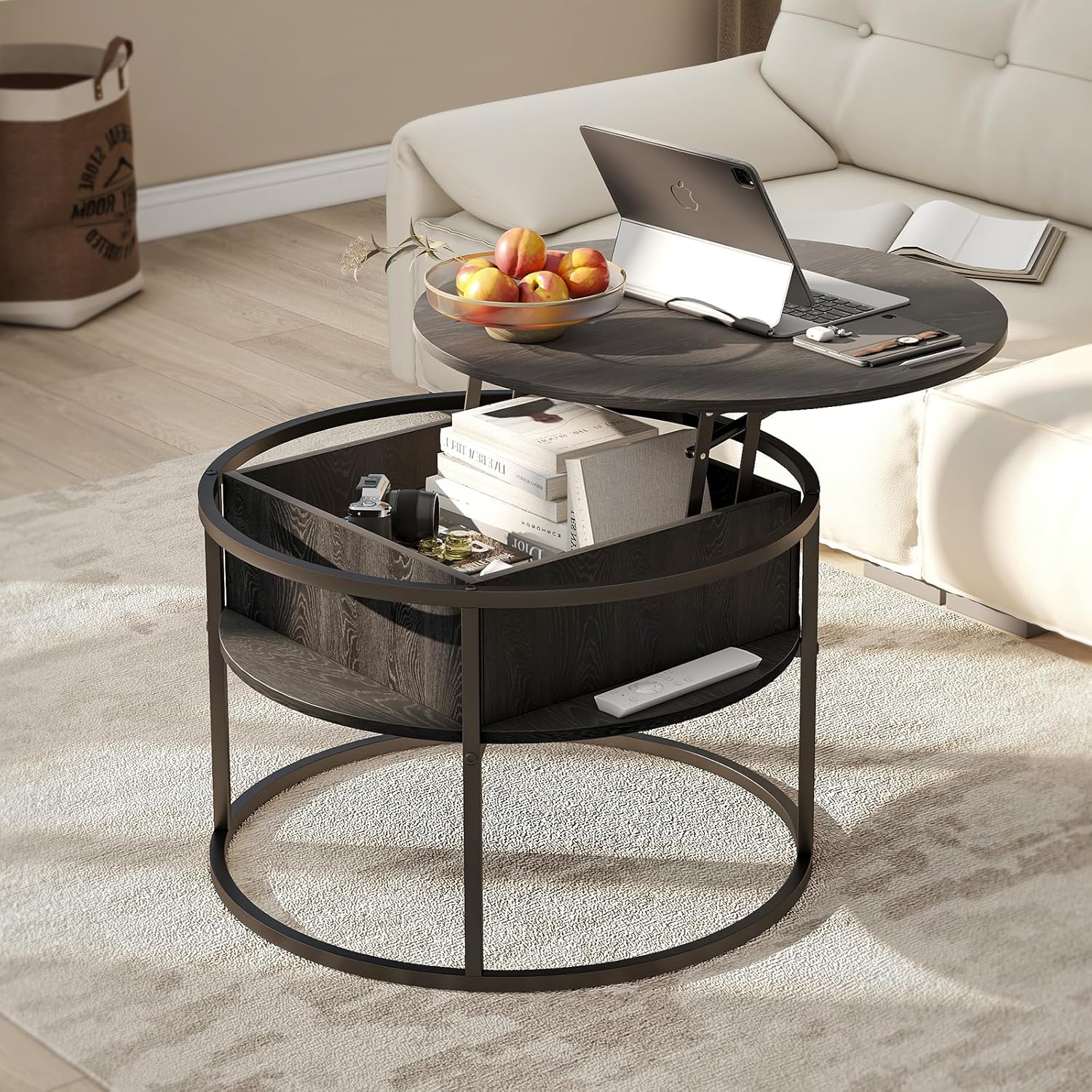 HOJINLINERO round black and wood lift-top coffee table with hidden compartment
