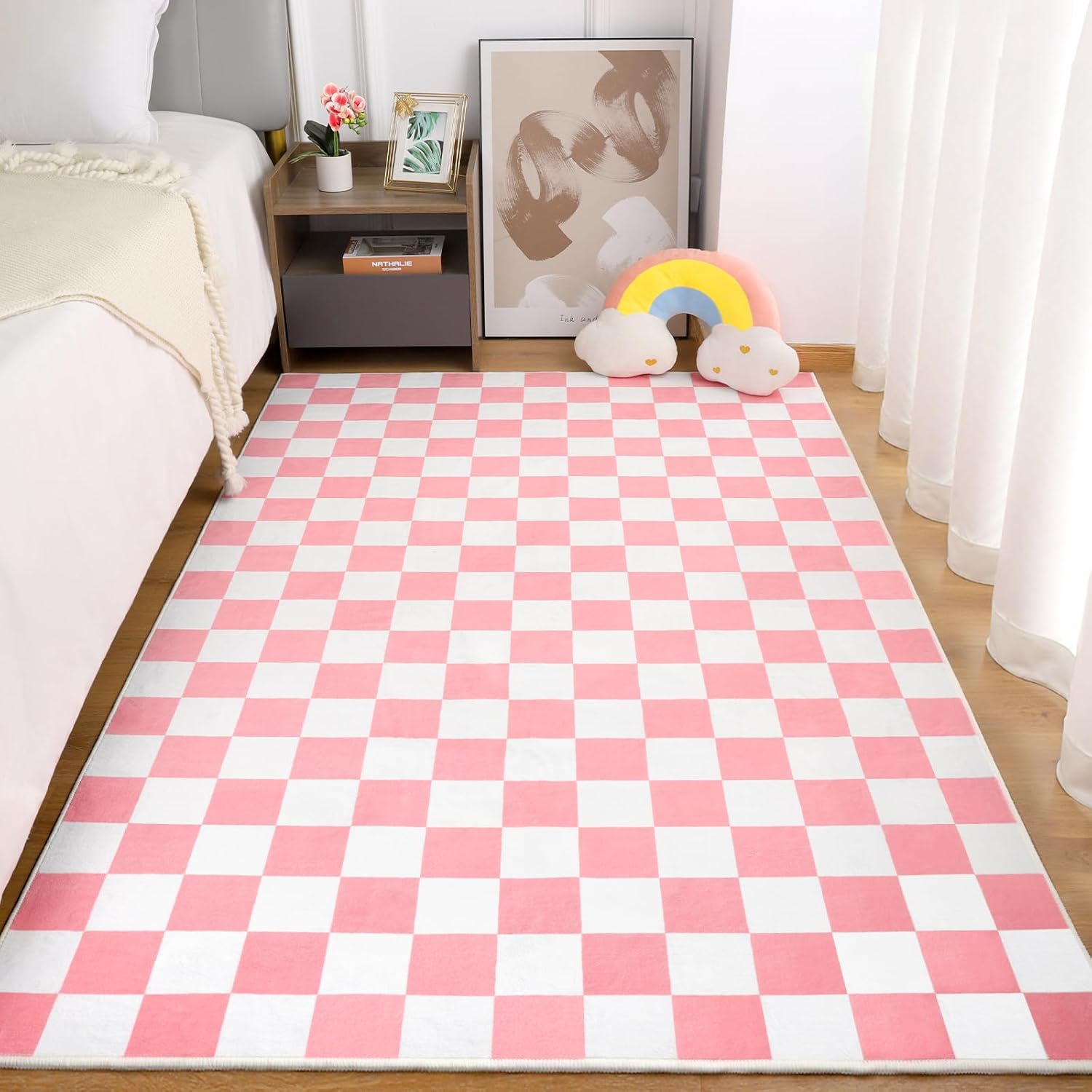 Terrug pink and white checkered washable area rug