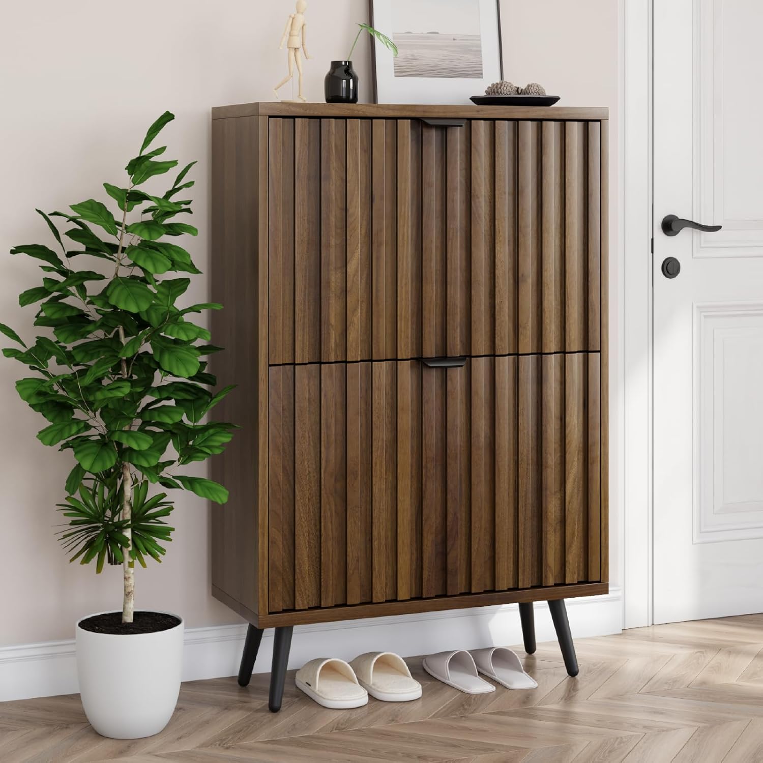 Smuxee fluted walnut slim shoe cabinet with two flip drawers