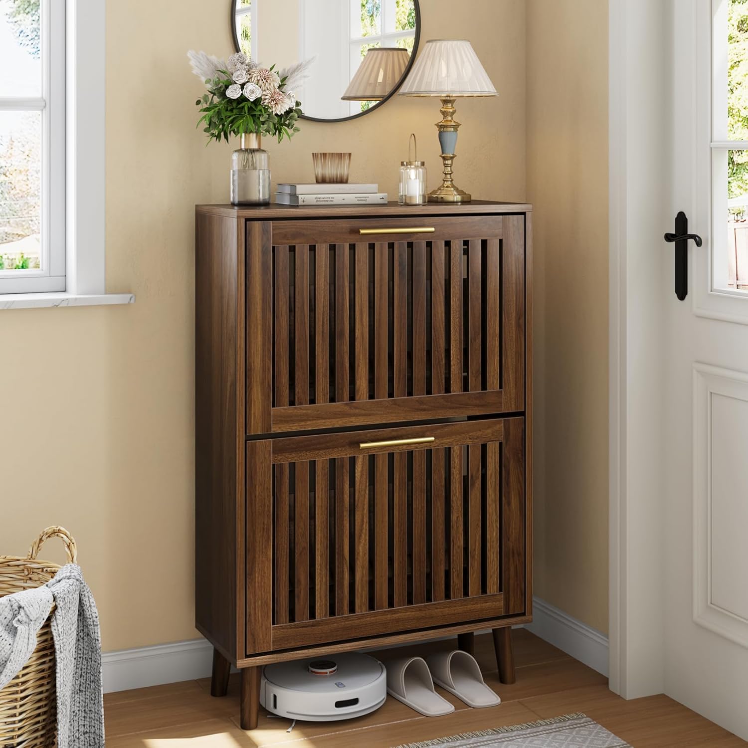 Smart FENDEE slim walnut shoe cabinet with two flip drawers