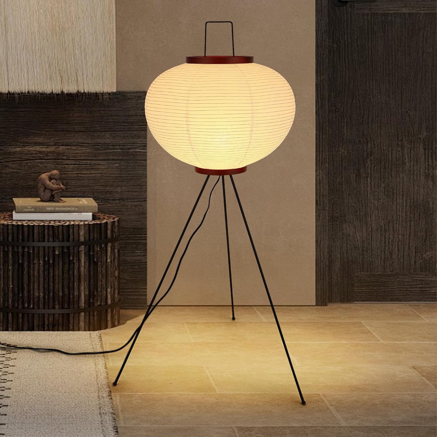 Fivemengo white rice paper lantern floor lamp on a slim black tripod