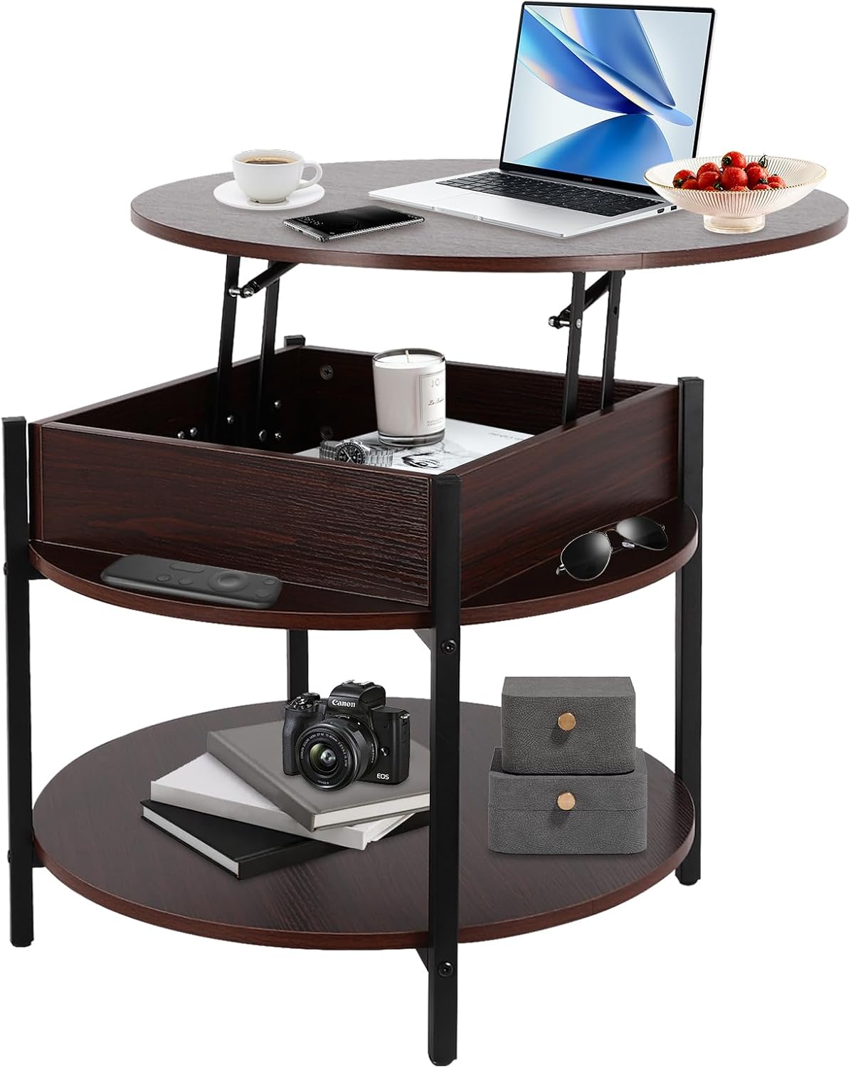 FAHKNS dark walnut round two-tier lift-top coffee table