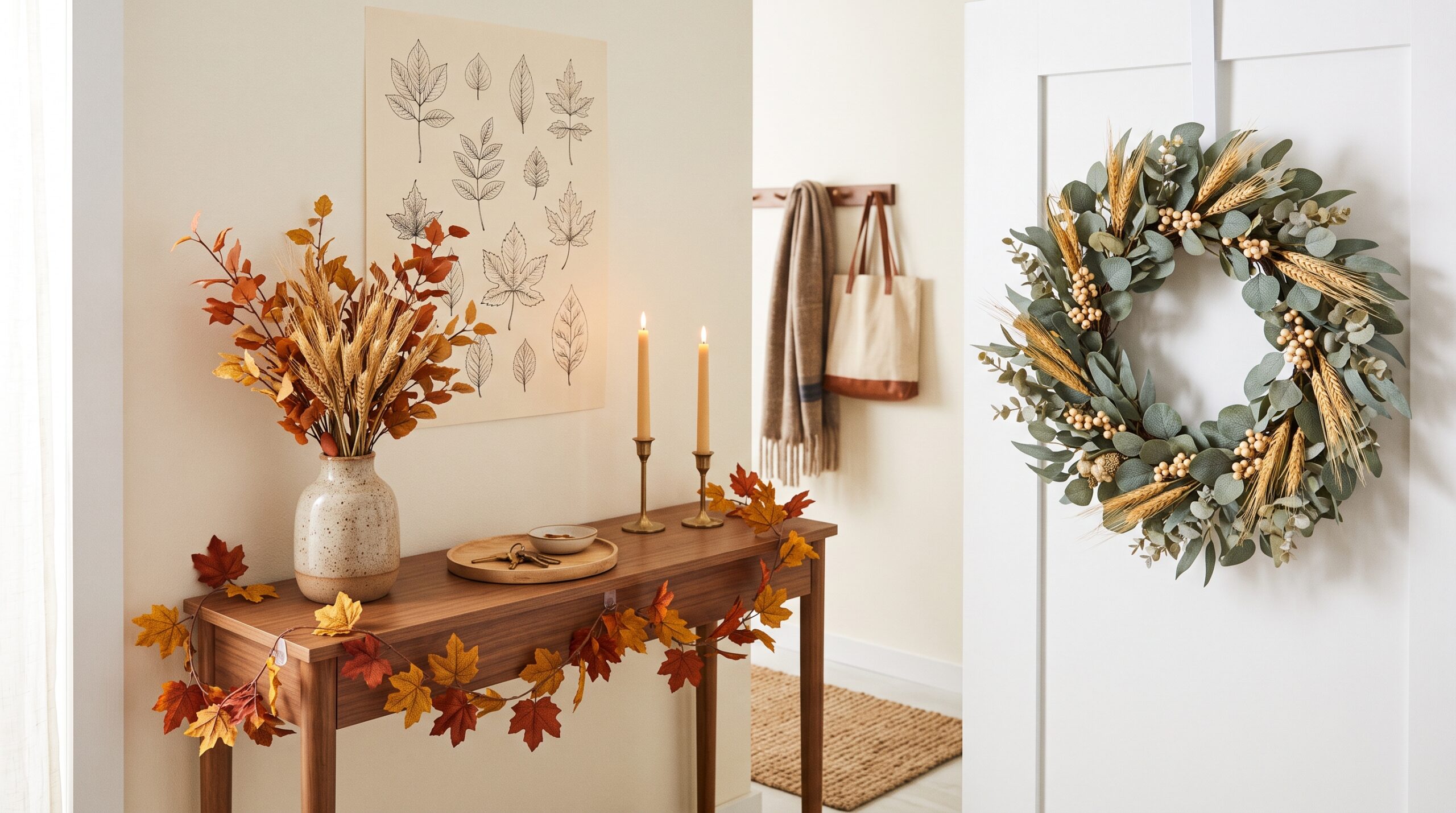 Renter-safe fall entryway with a no-drill eucalyptus and wheat wreath, peel-and-stick botanical print, wood tray with flameless taper candles, and dried wheat stems