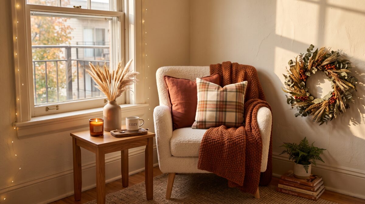 Cozy fall decor in a small apartment corner with a rust knit throw, plaid and terracotta pillows, dried wheat stems, warm string lights, and a eucalyptus-wheat wreath