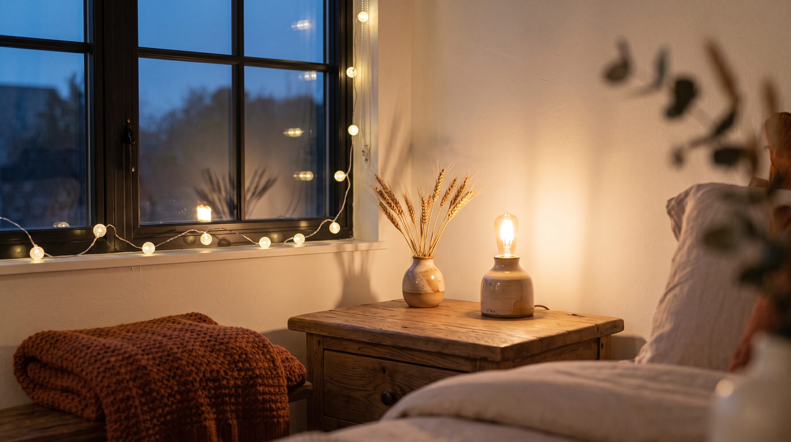 Warm fall lighting in a small rental bedroom with plug-in warm-white string lights and a small ceramic lamp with an amber-glow bulb on a wood nightstand