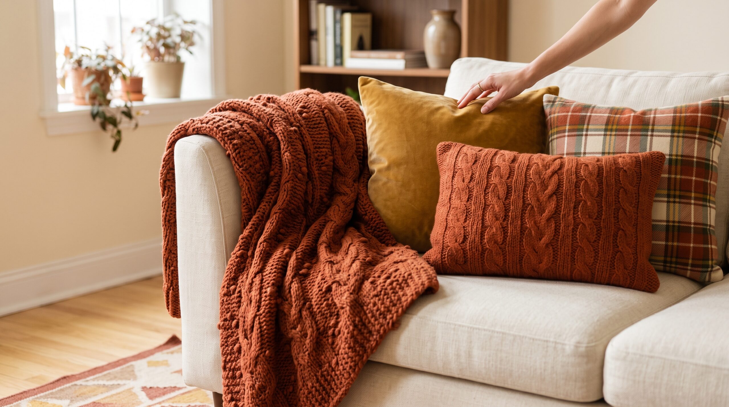 Small apartment sofa layered for fall with a chunky terracotta knit throw, rust and plaid washable pillow covers, and a warm-toned washable area rug