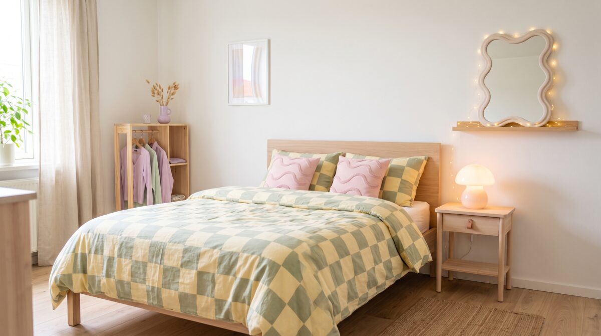 Small rental bedroom in Danish pastel decor with a butter-yellow and sage checkerboard bed, a wavy squiggle mirror, a glass mushroom lamp and warm fairy lights against soft white walls