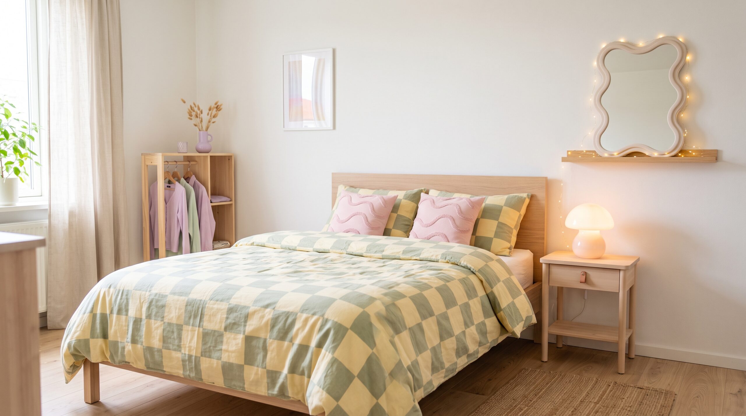 Small rental bedroom in Danish pastel decor with a butter-yellow and sage checkerboard bed, a wavy squiggle mirror, a glass mushroom lamp and warm fairy lights against soft white walls