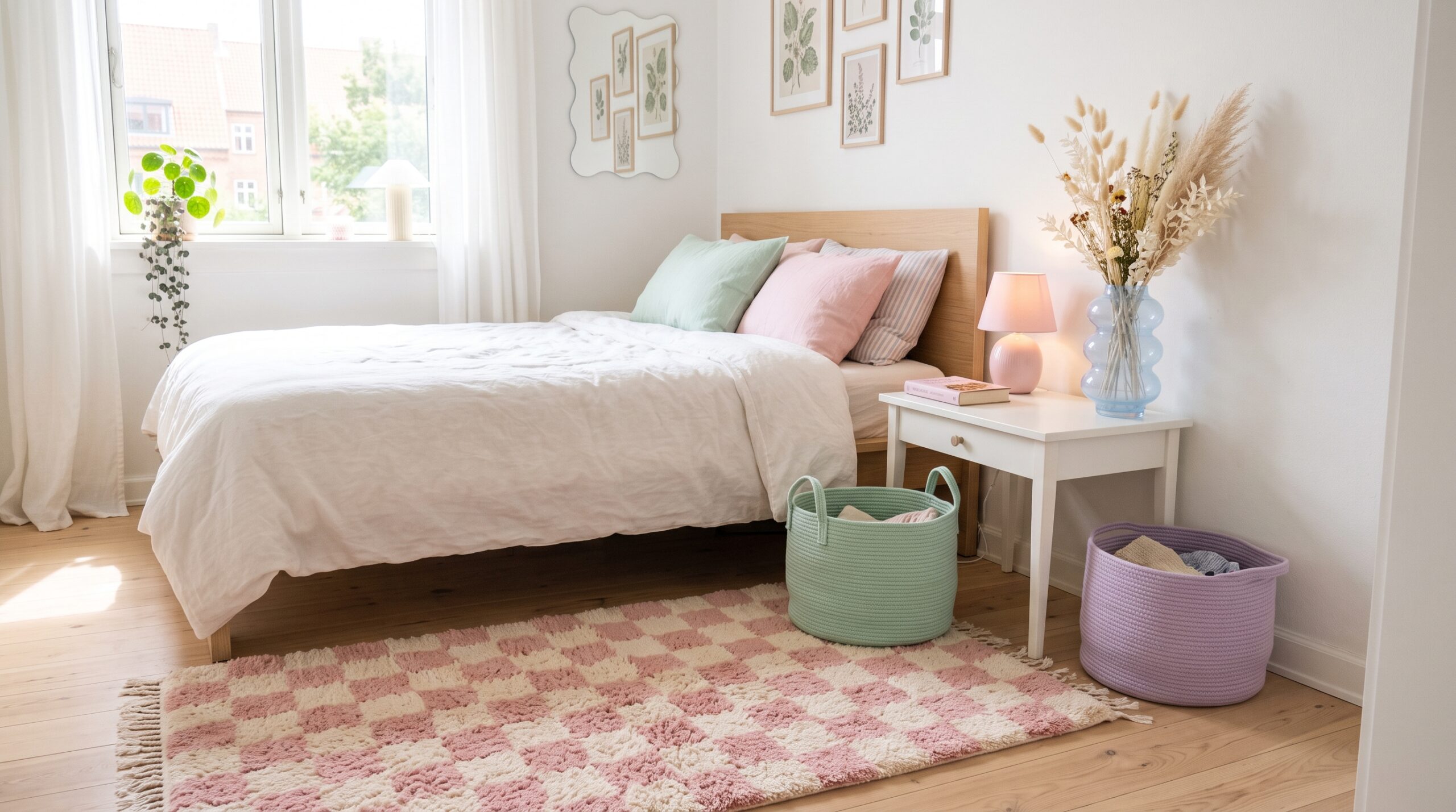 Playful Danish pastel accents in a small bedroom with a wavy bubble vase, pastel woven storage baskets and a checkerboard tufted rug