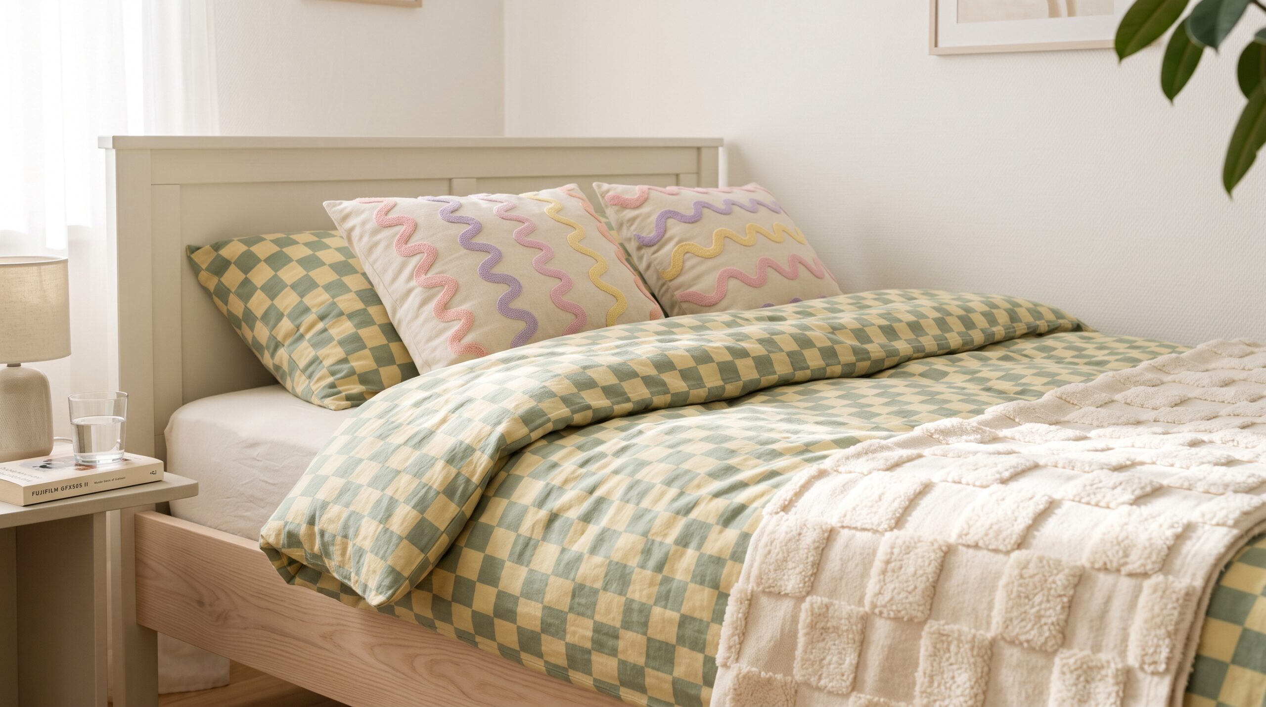 Small bed layered in pastel Danish bedding with a sage and butter-yellow checkerboard duvet, wavy squiggle cushion covers and a tufted throw