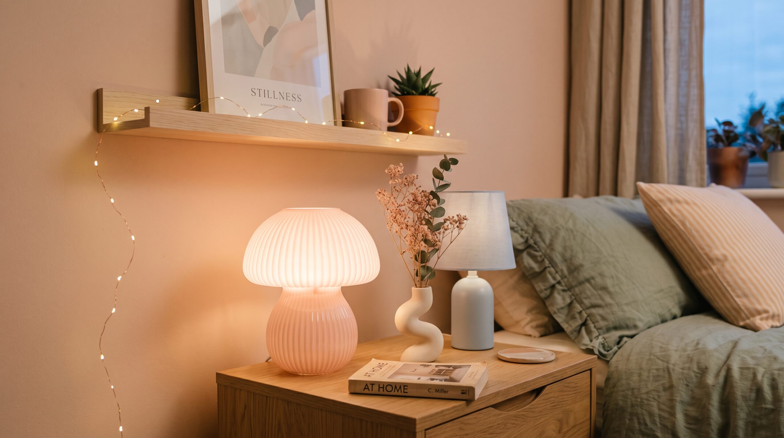 Nightstand corner of a small bedroom glowing with a pastel glass mushroom lamp and warm-white fairy lights against soft pastel walls