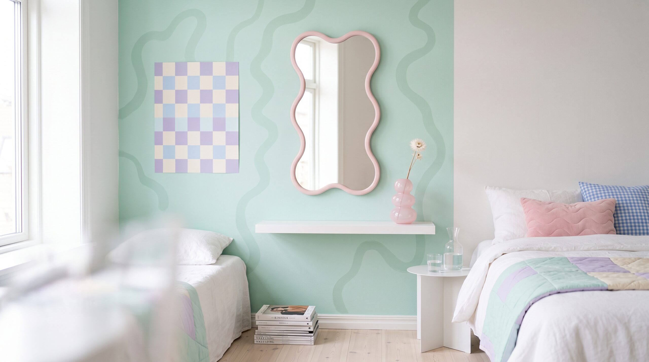 Renter-friendly Danish pastel accent wall with an irregular wavy squiggle mirror, pastel checkerboard peel-and-stick wall art and a small white floating shelf