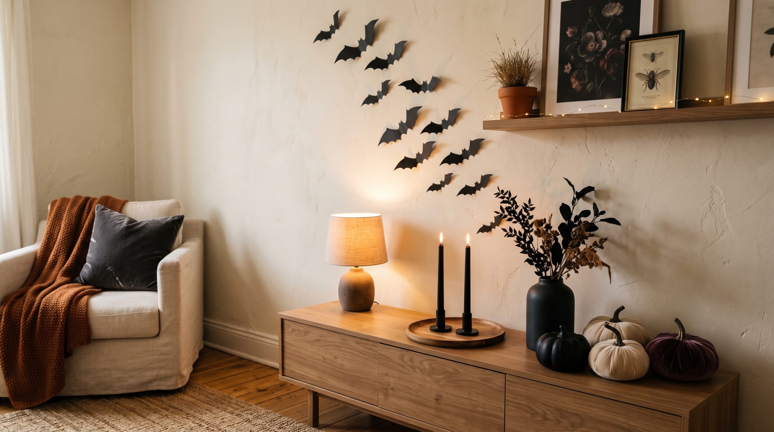 Small apartment corner decorated for a tasteful moody Halloween with matte black paper bats on a cream wall, a warm amber lamp, black taper candles on a wood tray, and black and cream velvet pumpkins