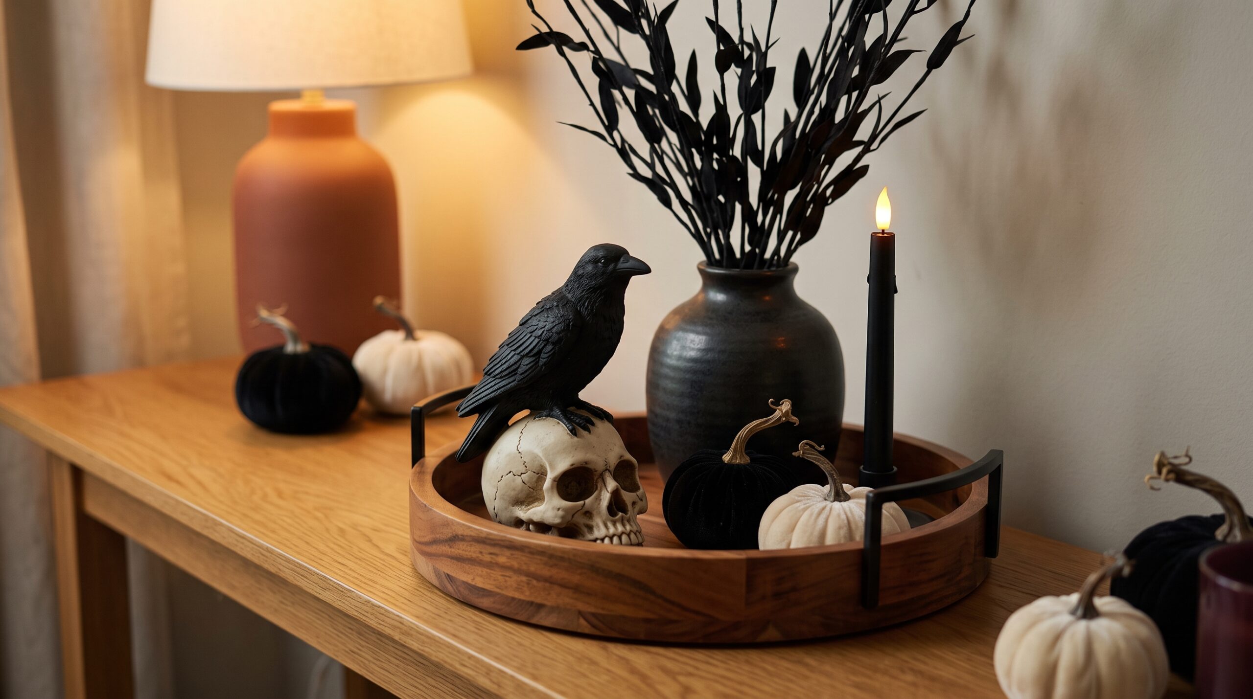 Styled Halloween tabletop vignette on a round wood tray with a raven on skull figurine, black faux branches in a dark vase, and matte black and cream velvet pumpkins
